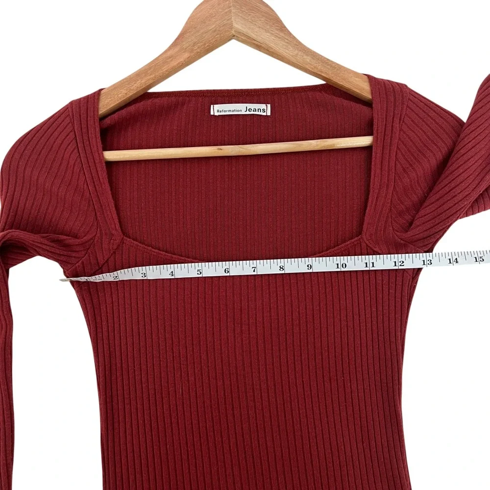 Reformation Bethany Ribbed Square Neck Long Sleeve Top Rust Orange SZ XS